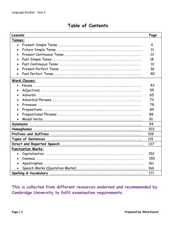 English Year 5 Cambridge - Language Booklet